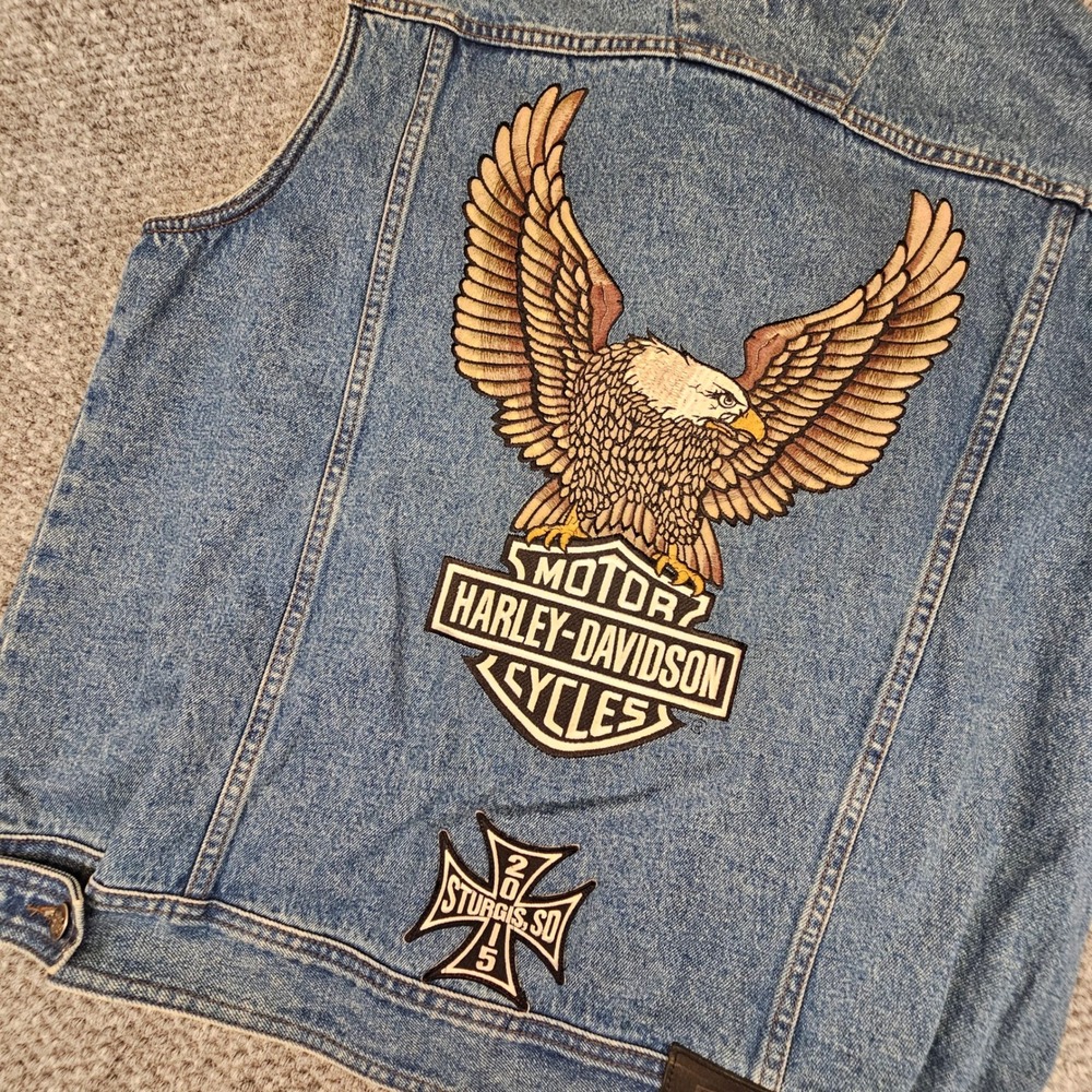 Vtg Harley-Davidson Mens XL Denim Biker Vest Eagle Sturgis 2015 Patch Blue XL